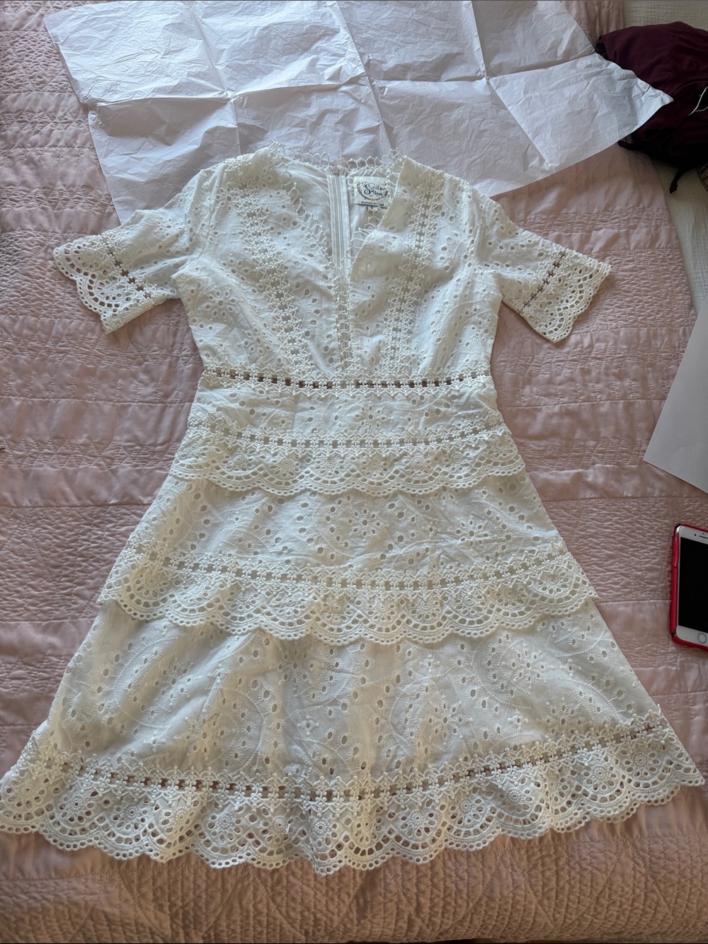 White Eyelet Lace Tiered Midi Dress